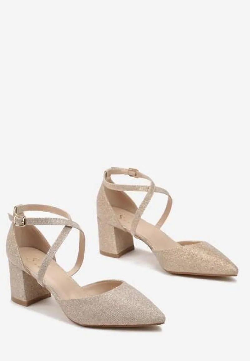 Złote Brokatowe Czółenka na Słupku ze Szpiczastym Noskiem Felaria