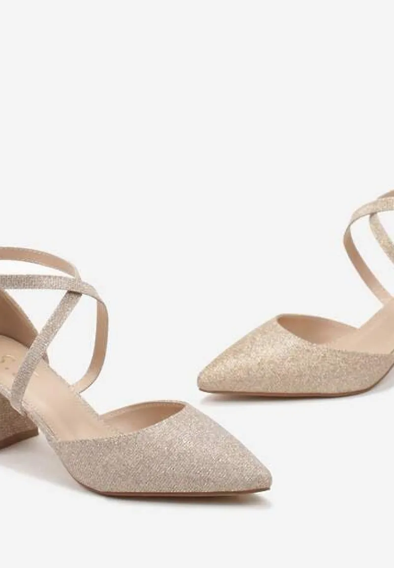 Złote Brokatowe Czółenka na Słupku ze Szpiczastym Noskiem Felaria