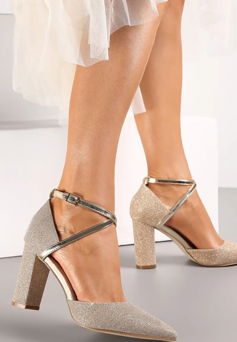 Złote Brokatowe Czółenka na Słupkowym Obcasie ze Szpiczastym Noskiem Soumaya