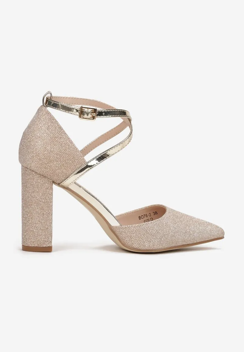 Złote Brokatowe Czółenka na Słupkowym Obcasie ze Szpiczastym Noskiem Soumaya