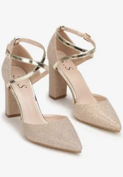 Złote Brokatowe Czółenka na Słupkowym Obcasie ze Szpiczastym Noskiem Soumaya