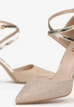 Złote Brokatowe Czółenka na Słupkowym Obcasie ze Szpiczastym Noskiem Soumaya