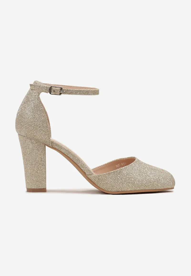 Złote Brokatowe Czółenka z Paskiem Wokół Kostki na Słupku Rinalle