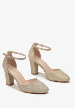 Złote Brokatowe Czółenka z Paskiem Wokół Kostki na Słupku Rinalle