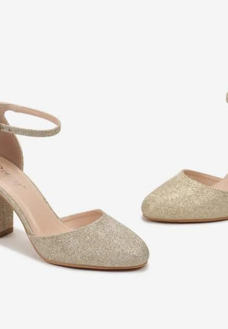 Złote Brokatowe Czółenka z Paskiem Wokół Kostki na Słupku Rinalle