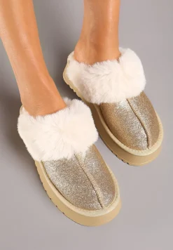 Złote Brokatowe Kapcie na Platformie Ozdobione Futerkiem Innavellea
