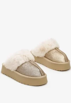 Złote Brokatowe Kapcie na Platformie Ozdobione Futerkiem Innavellea