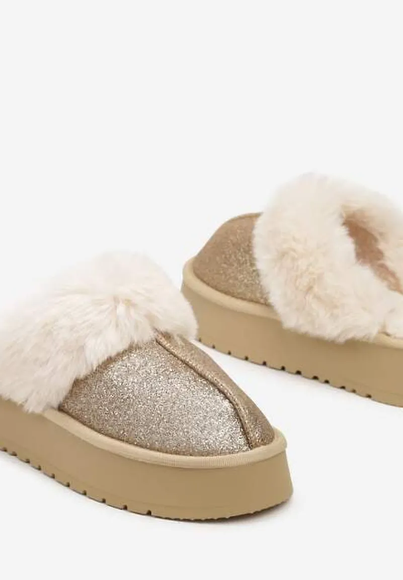 Złote Brokatowe Kapcie na Platformie Ozdobione Futerkiem Innavellea