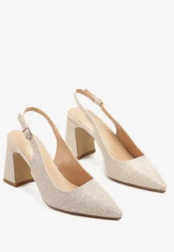 Złote Brokatowe Sandały Czółenka na Słupkowym Obcasie ze Szpiczastym Noskiem Ninisea