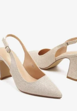 Złote Brokatowe Sandały Czółenka na Słupkowym Obcasie ze Szpiczastym Noskiem Ninisea