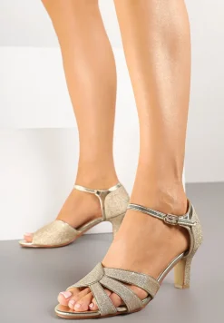 Złote Brokatowe Sandały na Słupkowym Obcasie Rivaena