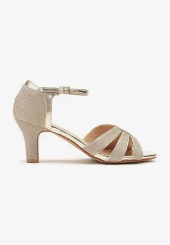 Złote Brokatowe Sandały na Słupkowym Obcasie Rivaena