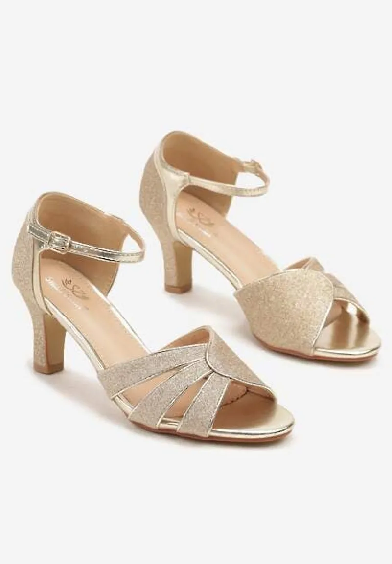 Złote Brokatowe Sandały na Słupkowym Obcasie Rivaena