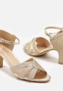 Złote Brokatowe Sandały na Słupkowym Obcasie Rivaena