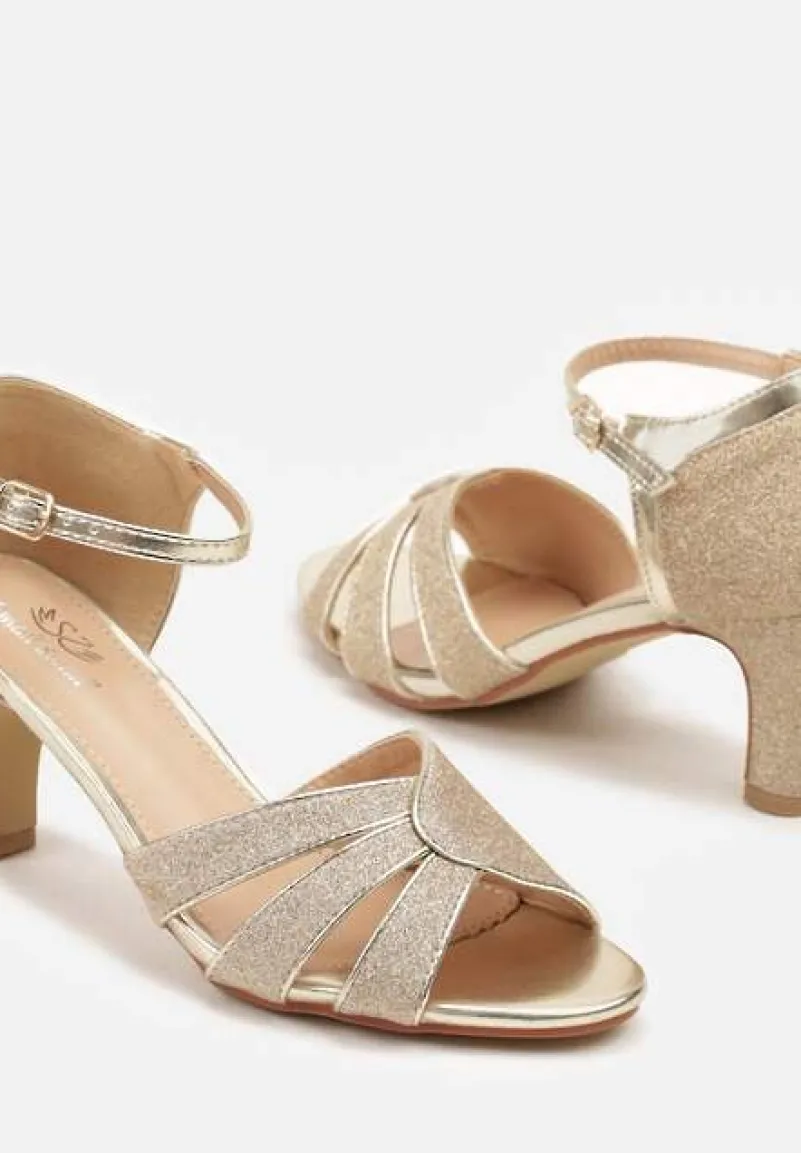Złote Brokatowe Sandały na Słupkowym Obcasie Rivaena