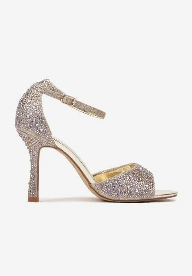 Złote Brokatowe Sandały na Obcasie z Cyrkoniami Noriwa