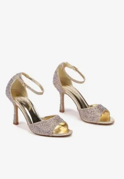 Złote Brokatowe Sandały na Obcasie z Cyrkoniami Noriwa