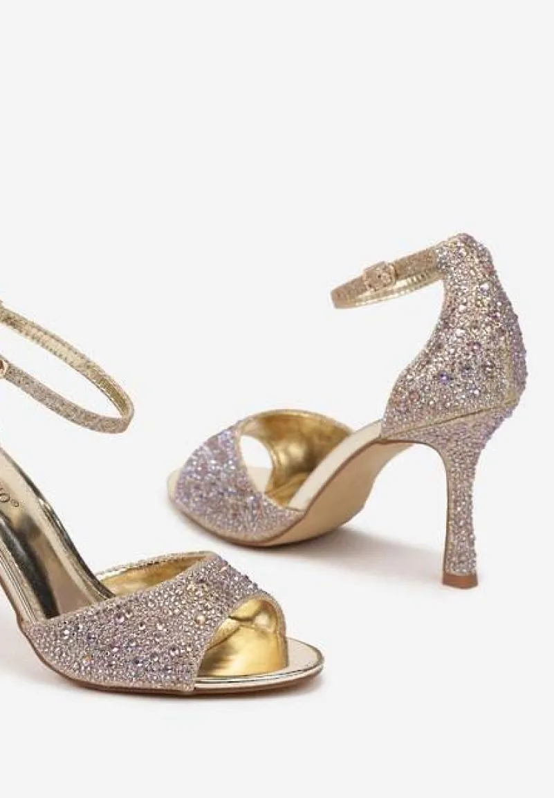 Złote Brokatowe Sandały na Obcasie z Cyrkoniami Noriwa