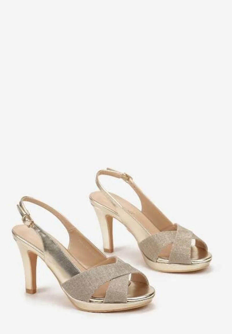 Złote Brokatowe Sandały na Obcasie ze Sprzączką Oleana