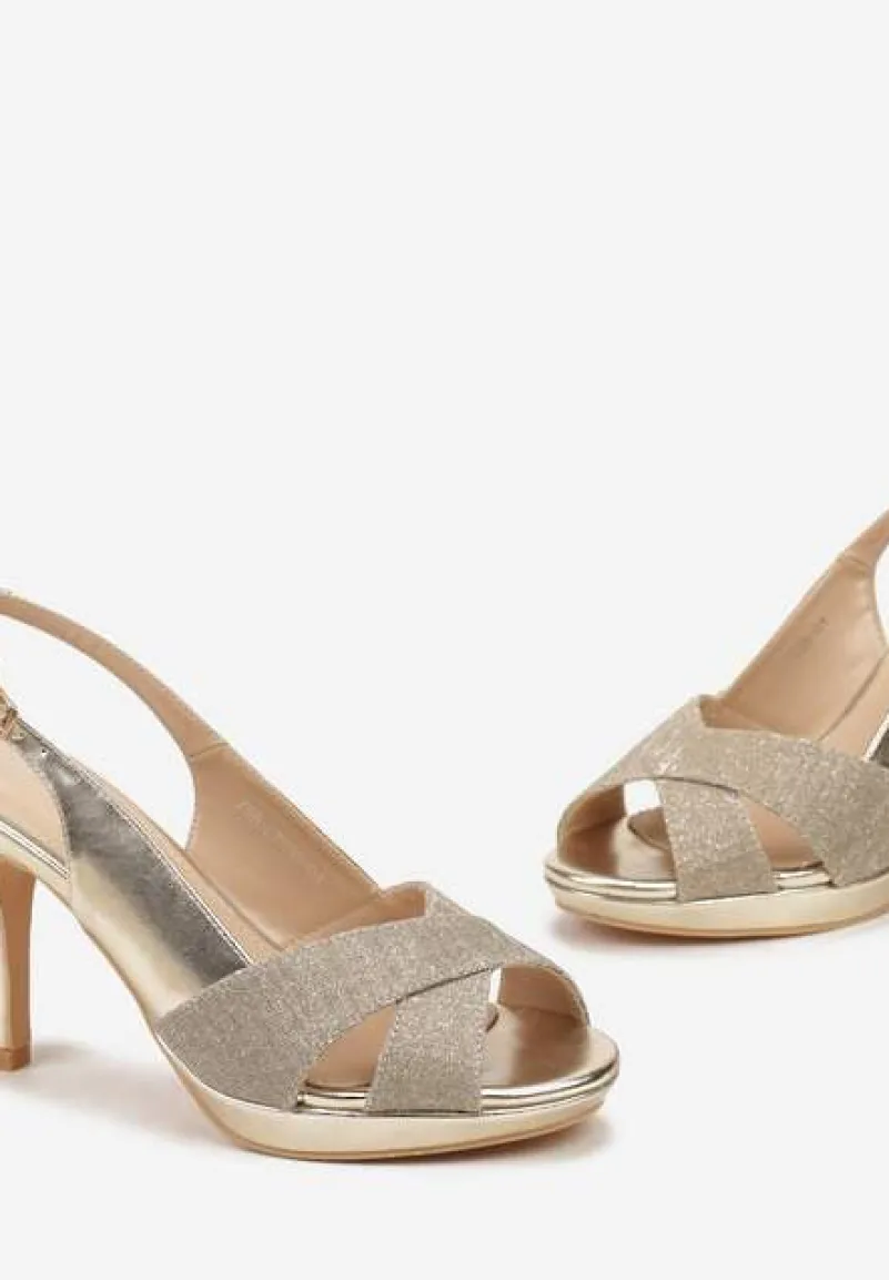 Złote Brokatowe Sandały na Obcasie ze Sprzączką Oleana