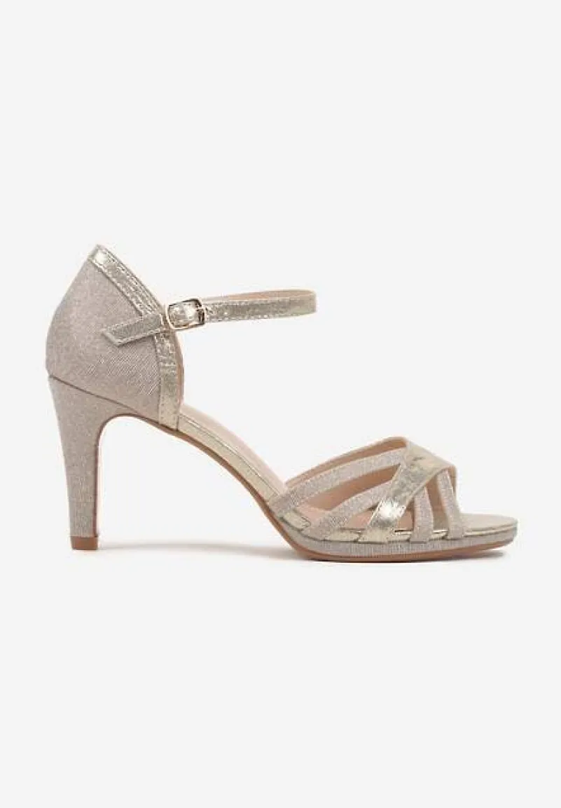 Złote Brokatowe Sandały na Obcasie Typu Szpilka Ilivana