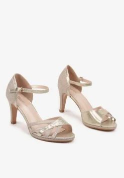 Złote Brokatowe Sandały na Obcasie Typu Szpilka Ilivana