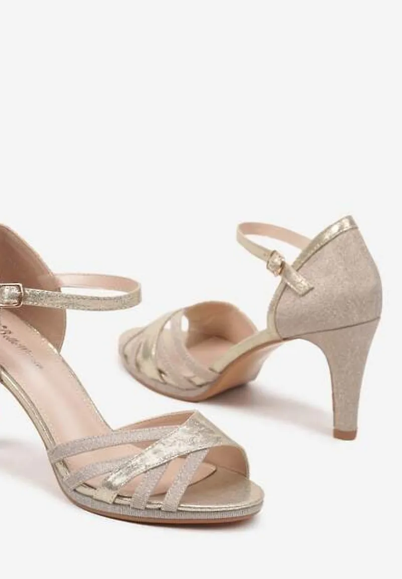 Złote Brokatowe Sandały na Obcasie Typu Szpilka Ilivana