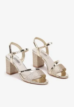 Złote Brokatowe Sandały na Słupku ze Skórzaną Wkładką Kristinai