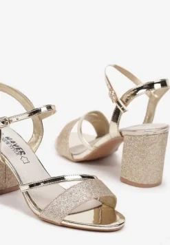 Złote Brokatowe Sandały na Słupku ze Skórzaną Wkładką Kristinai