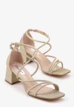 Złote Brokatowe Sandały na Słupkowym Obcasie Dollinea