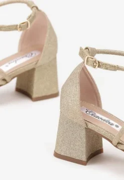 Złote Brokatowe Sandały na Słupkowym Obcasie Dollinea