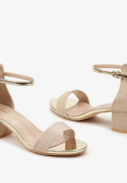 Złote Brokatowe Sandały na Słupku Zapinane Wokół Kostki Viatera