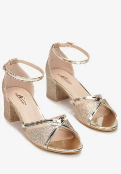 Złote Brokatowe Sandały na Niskim Słupku z Lakierowanymi Paskami Ilenia