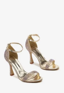 Złote Brokatowe Sandały na Klepsydrowej Szpilce z Drobnymi Cyrkoniami Isoldis