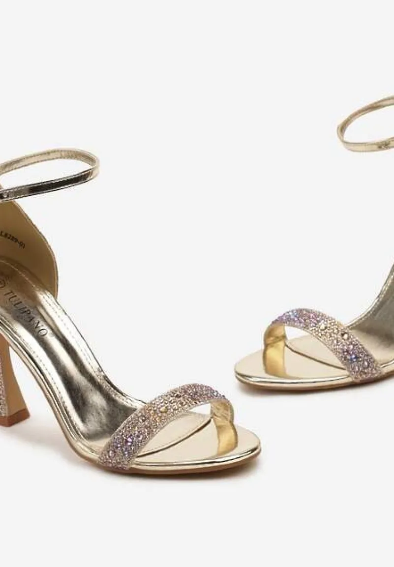 Złote Brokatowe Sandały na Klepsydrowej Szpilce z Drobnymi Cyrkoniami Isoldis