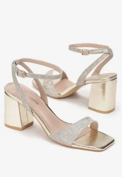 Złote Brokatowe Sandały na Słupku ze Sprzączką Jamela