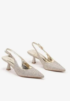 Złote Brokatowe Sandały na Obcasie Typu Kaczuszka Bez Pięty z Cyrkoniami Evelidi