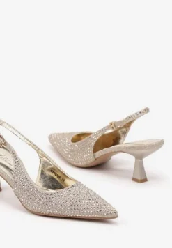 Złote Brokatowe Sandały na Obcasie Typu Kaczuszka Bez Pięty z Cyrkoniami Evelidi