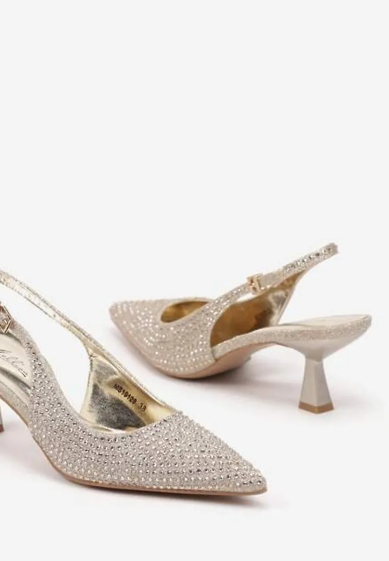 Złote Brokatowe Sandały na Obcasie Typu Kaczuszka Bez Pięty z Cyrkoniami Evelidi