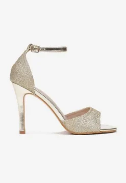 Złote Brokatowe Sandały Vices na Szpilce z Okrągłym Noskiem Katoria