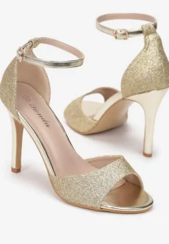 Złote Brokatowe Sandały Vices na Szpilce z Okrągłym Noskiem Katoria