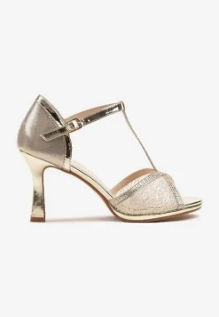 Złote Brokatowe Sandały z Cyrkoniami na Obcasie Typu Klepsydra Zarineas