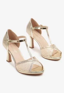 Złote Brokatowe Sandały z Cyrkoniami na Obcasie Typu Klepsydra Zarineas