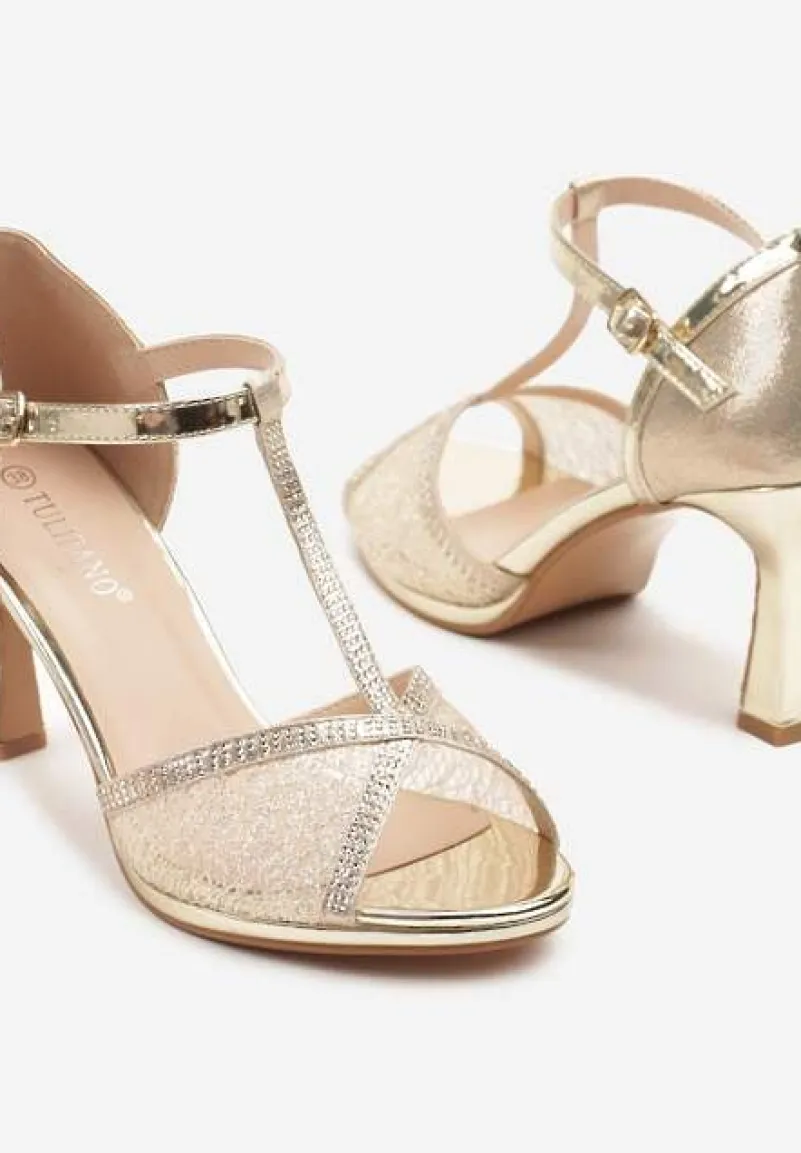 Złote Brokatowe Sandały z Cyrkoniami na Obcasie Typu Klepsydra Zarineas