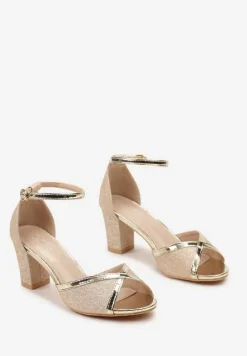 Złote Brokatowe Sandały ze Sprzączką na Słupku z Metalicznymi Wstawkami Alpireva