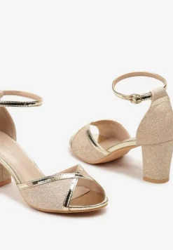 Złote Brokatowe Sandały ze Sprzączką na Słupku z Metalicznymi Wstawkami Alpireva