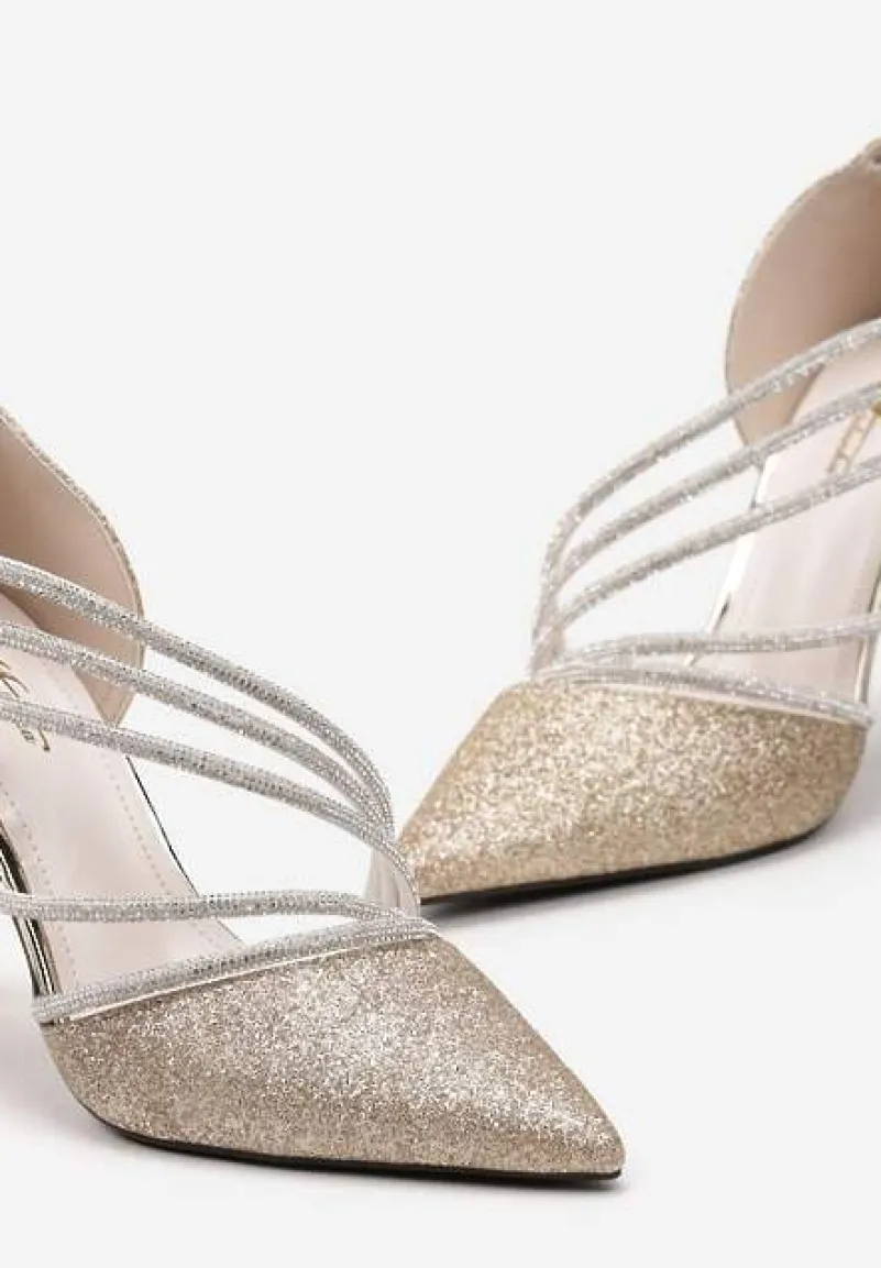 Złote Brokatowe Szpilki na Metalicznej Szpilce Ozdobione Cyrkoniami Ineka