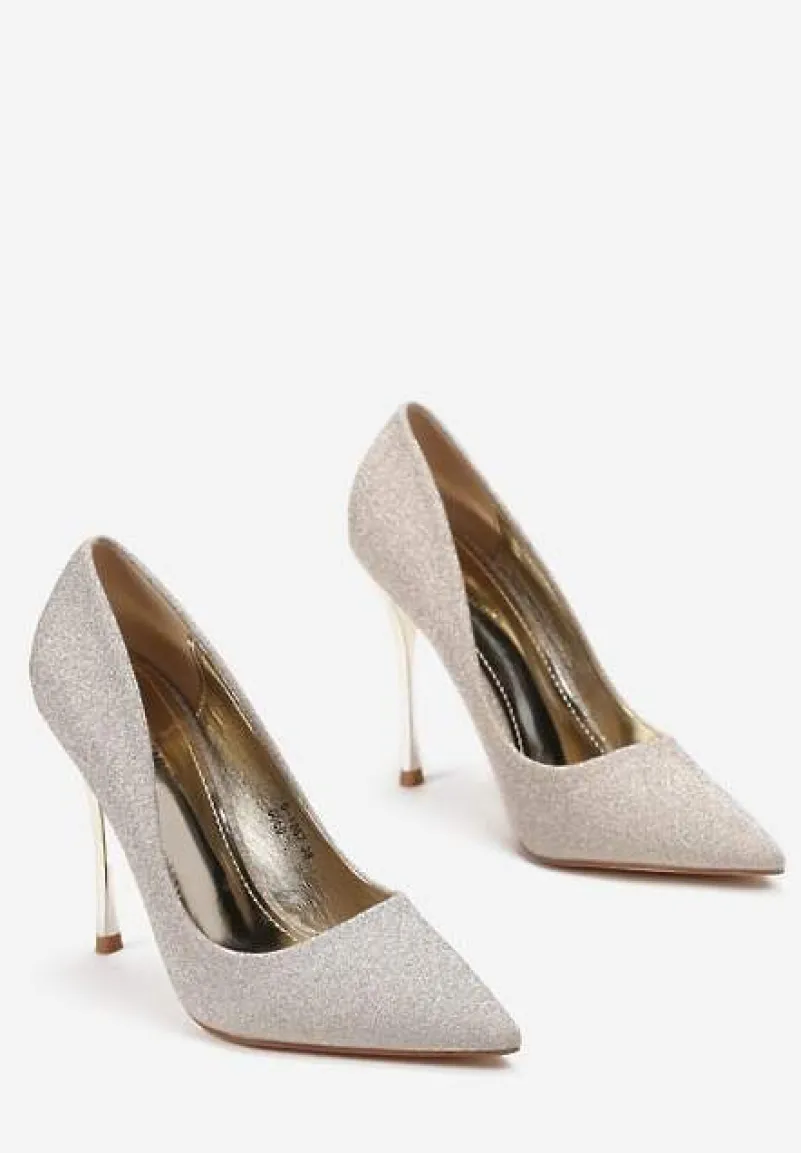 Złote Brokatowe Szpilki na Metalicznym Obcasie Rosadi