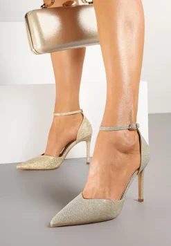 Złote Brokatowe Szpilki ze Szpiczastym Noskiem i Paskiem ze Sprzączką Danarilis