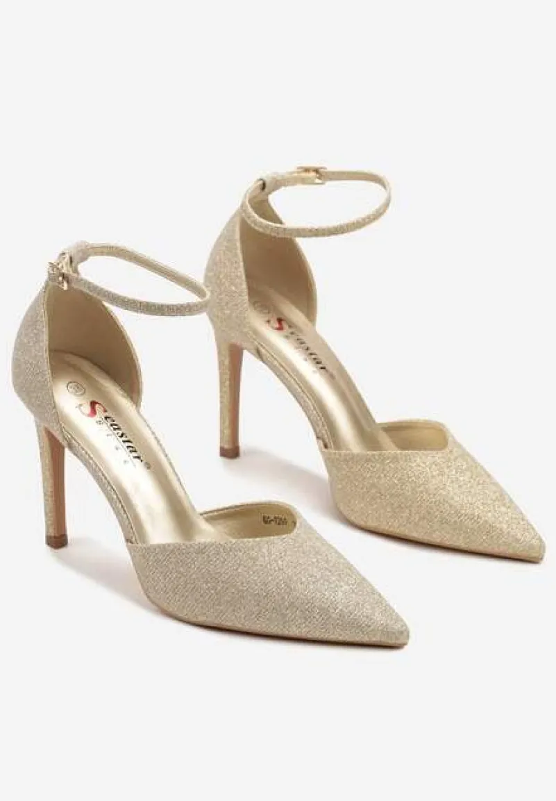 Złote Brokatowe Szpilki ze Szpiczastym Noskiem i Paskiem ze Sprzączką Danarilis